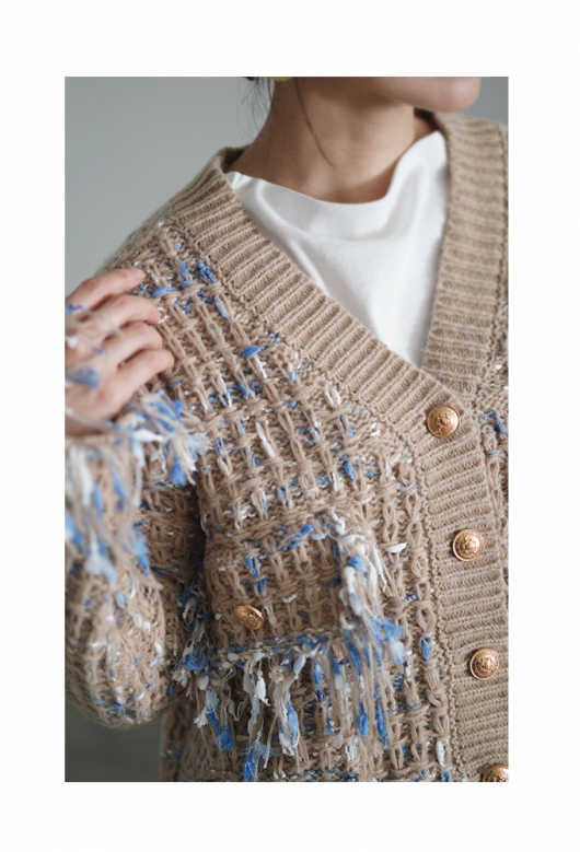 レディース 大人 上品 色を紡ぐツイード風フリンジニットカーディガン