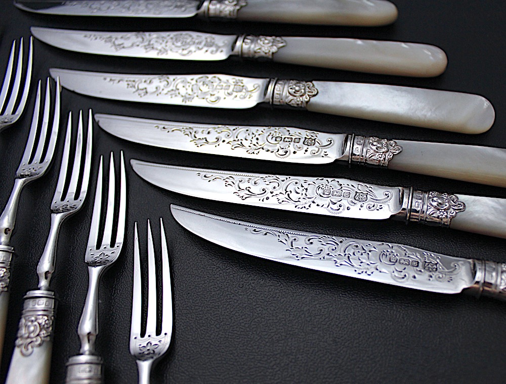 Sold 白蝶貝デザートセット6客用 ナイフフォーク、純銀ブレード