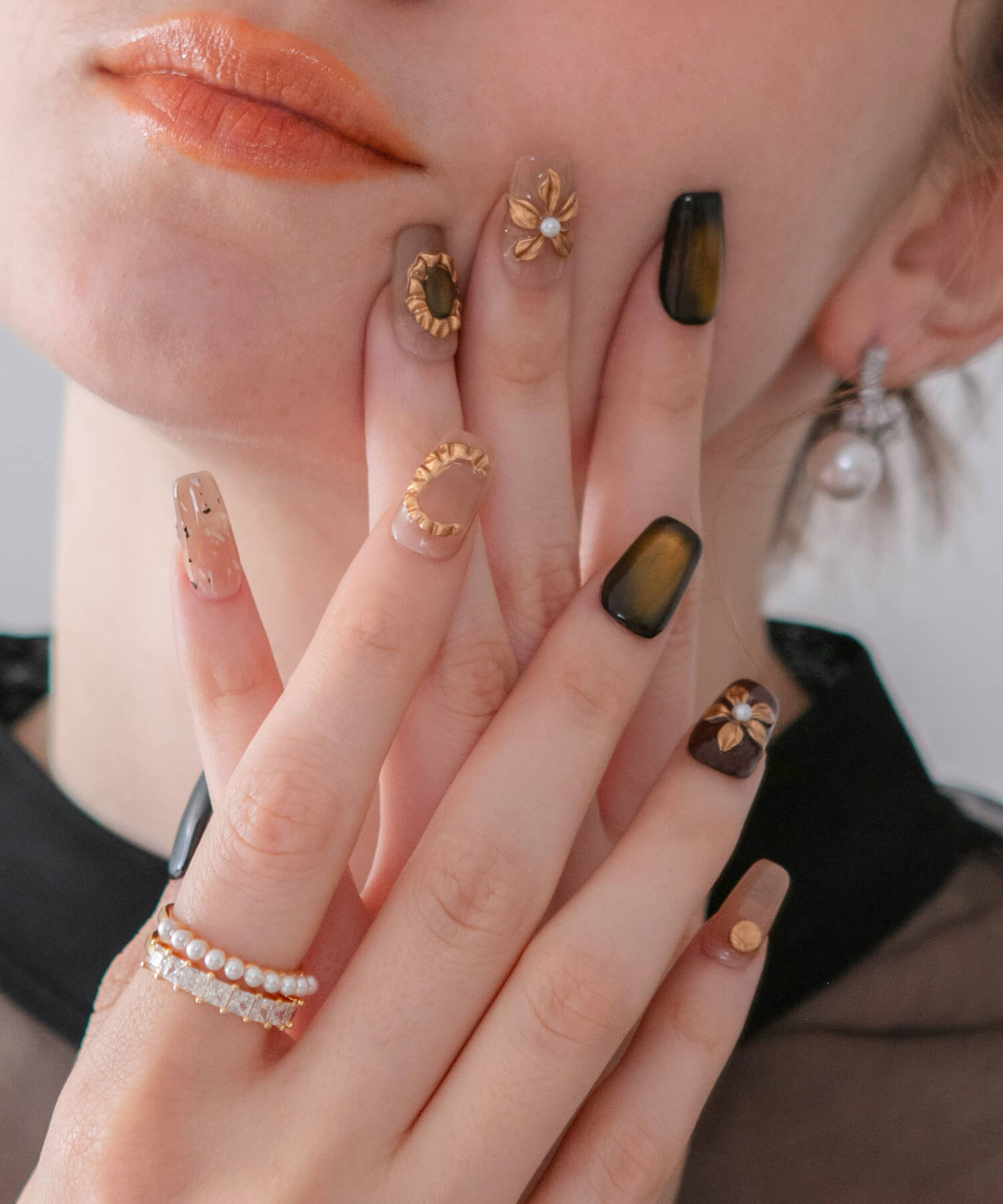 当日発送】水光ネイルブラウンゴールドマグネットフラワーパーツパール