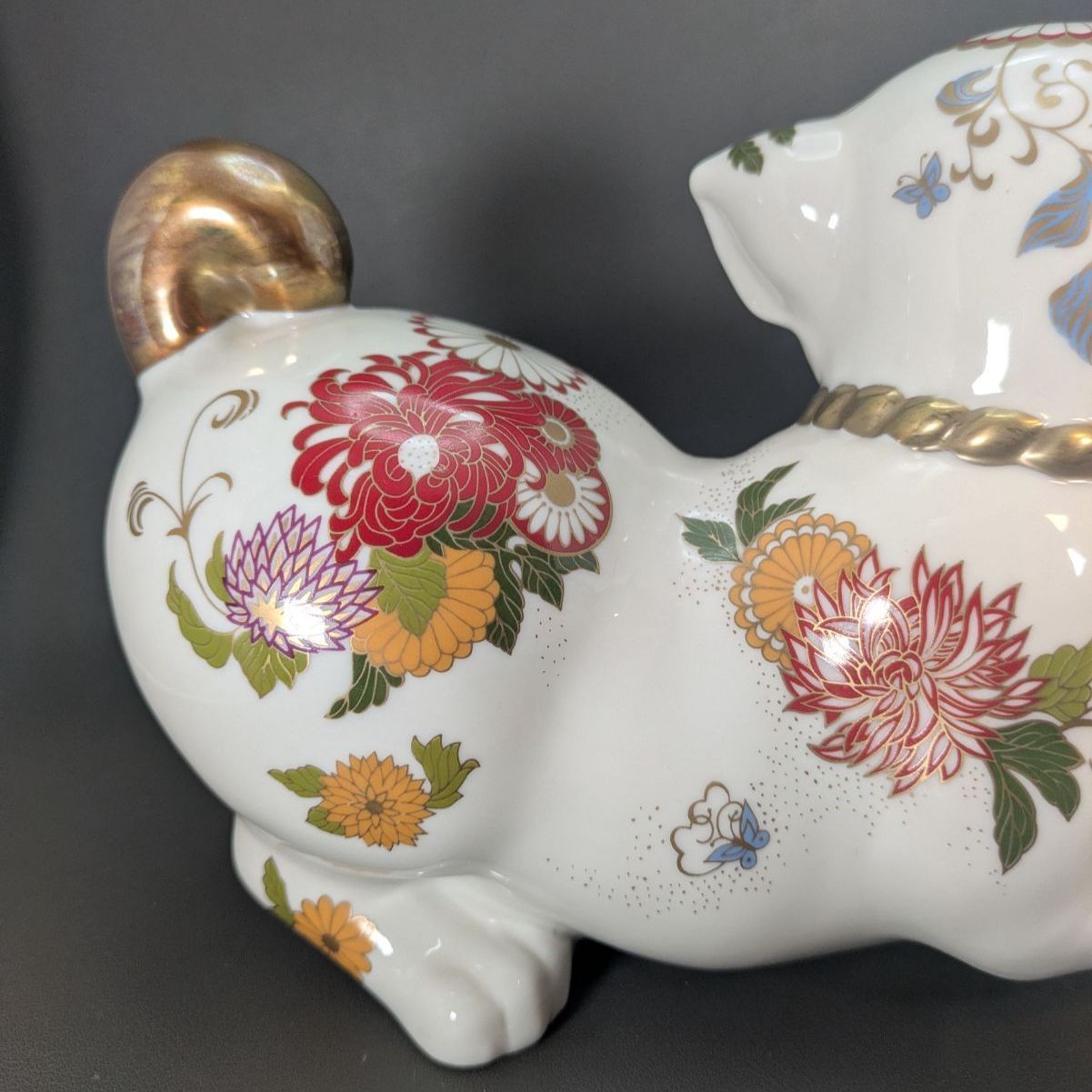 日本製】縁起物 フランクリンミント 犬 置物 薩摩焼 花柄 陶器人形