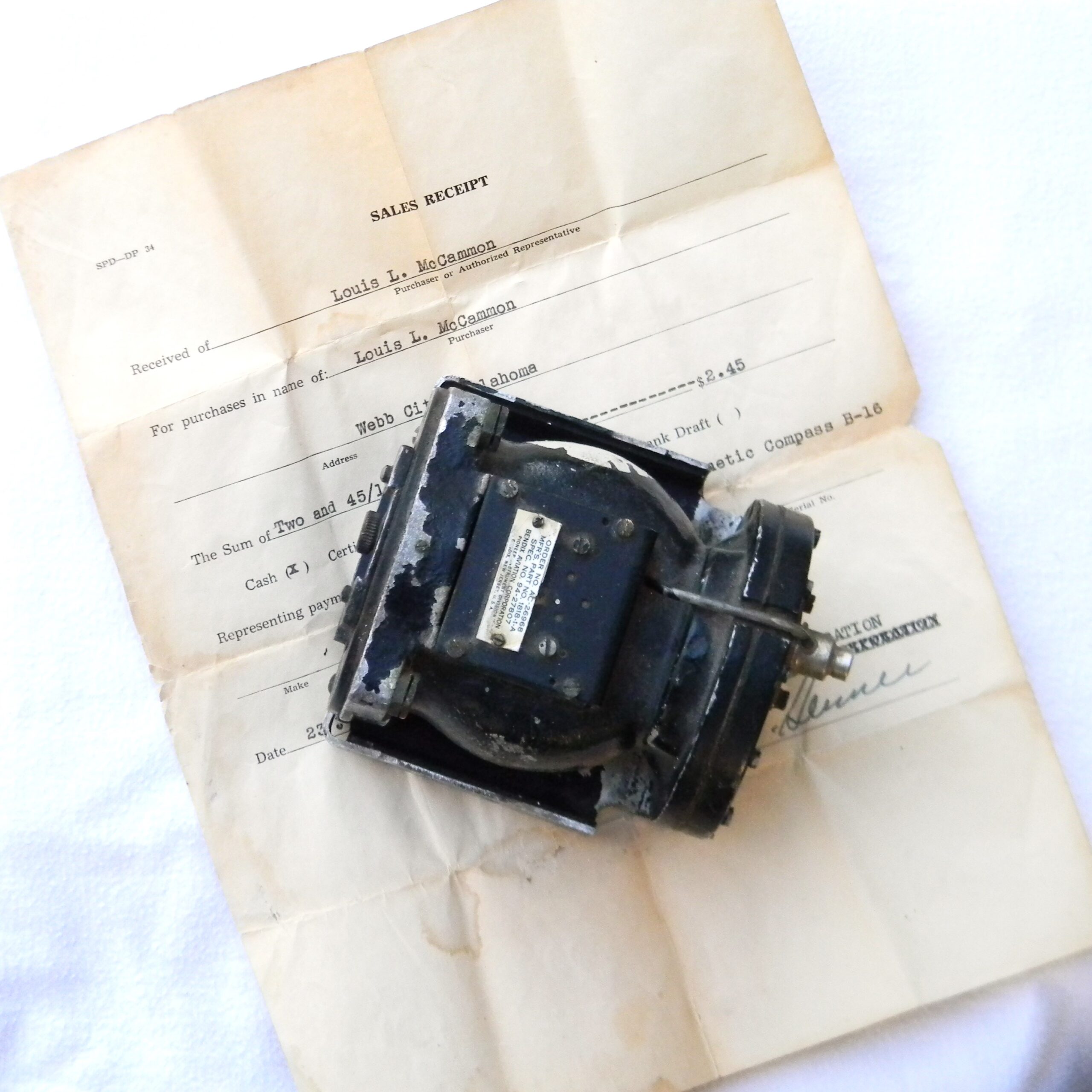 WW2 USAF Type B16 compass, original sales receipt included