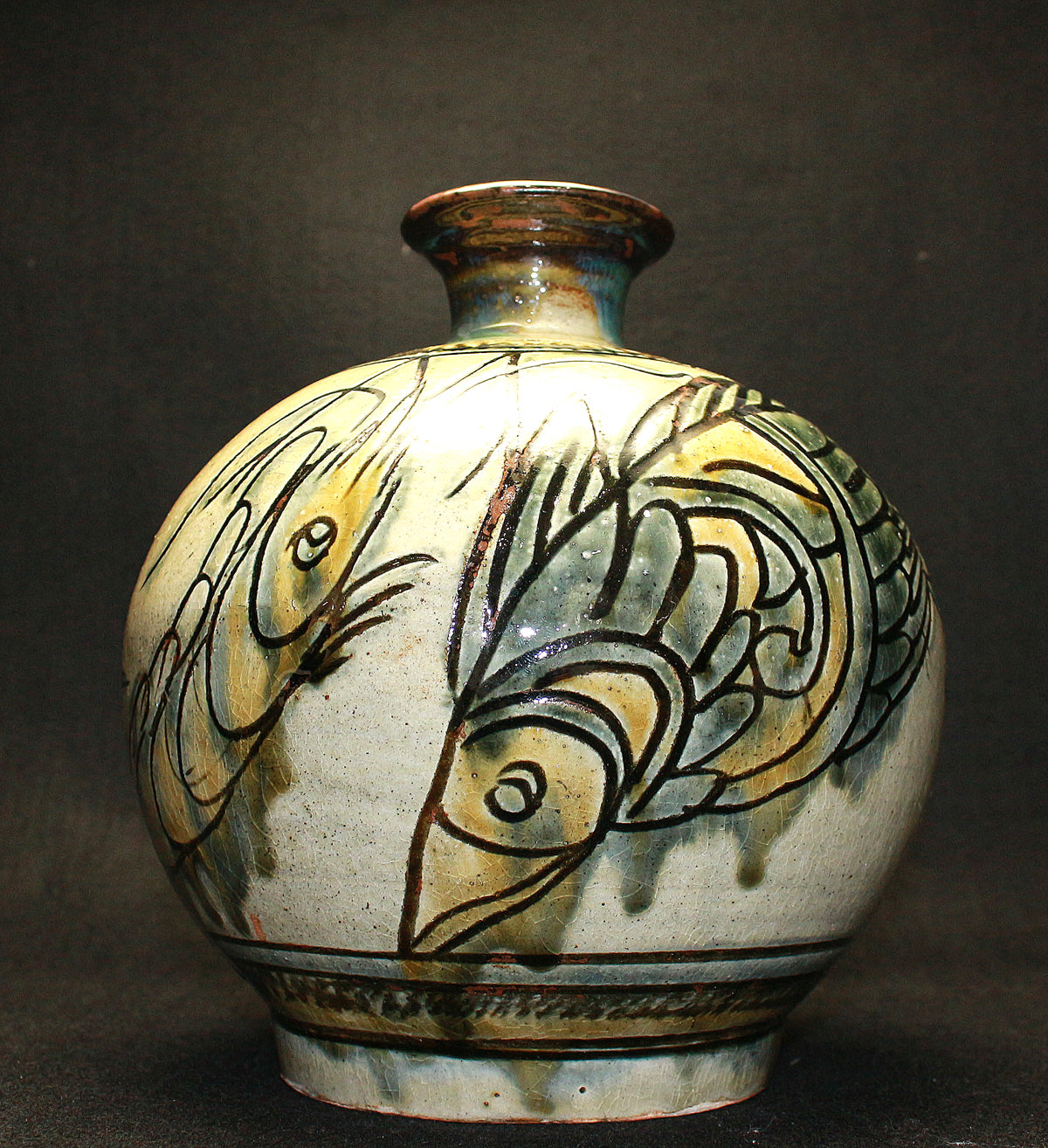 26231 人間国宝 金城次郎 丸形魚紋花瓶 Kinjo Jiro – アート飛田
