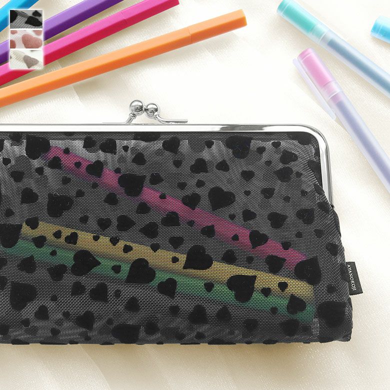 在庫商品】がま口メッシュフラットポーチ【ハートフロッキーメッシュ