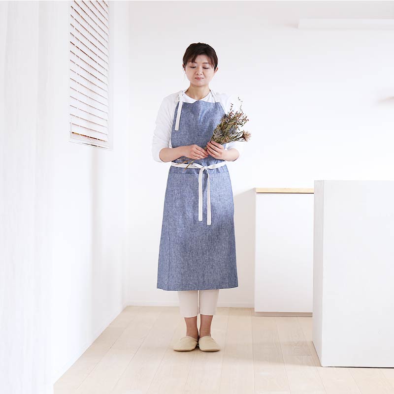リネンエプロン] ネックストリングエプロン バイカラー/リネン100