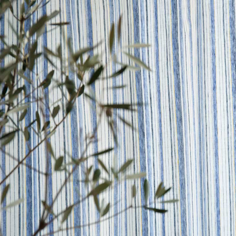 ストライプ模様のリネンカーテン 厚手 [ブルー×イエロー] リネン100