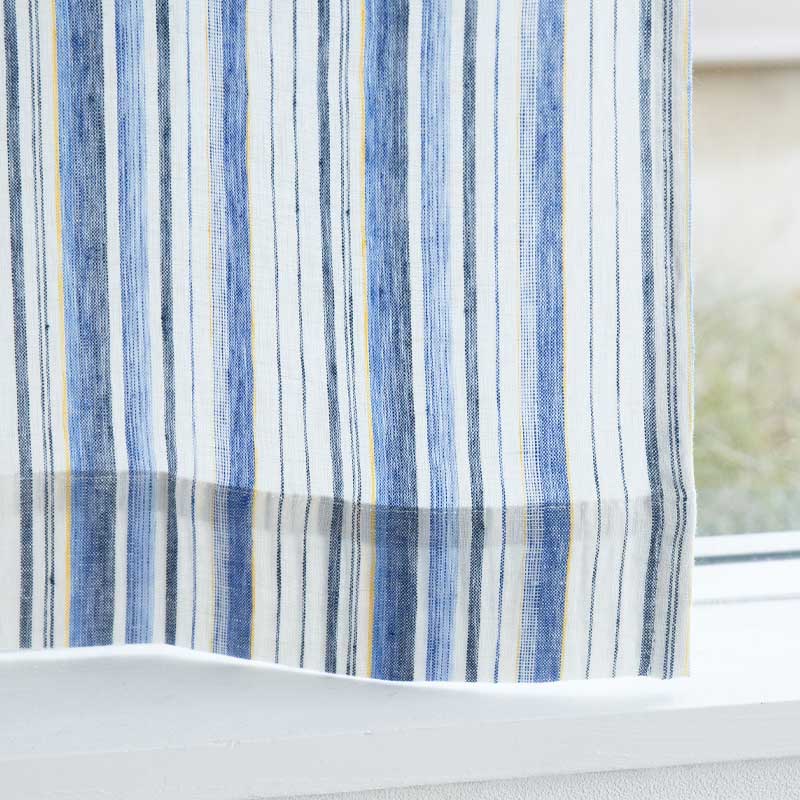 ストライプ模様のリネンカーテン 厚手 [ブルー×イエロー] リネン100
