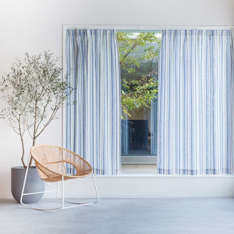 ストライプ模様のリネンカーテン 厚手 [ブルー×イエロー] リネン100