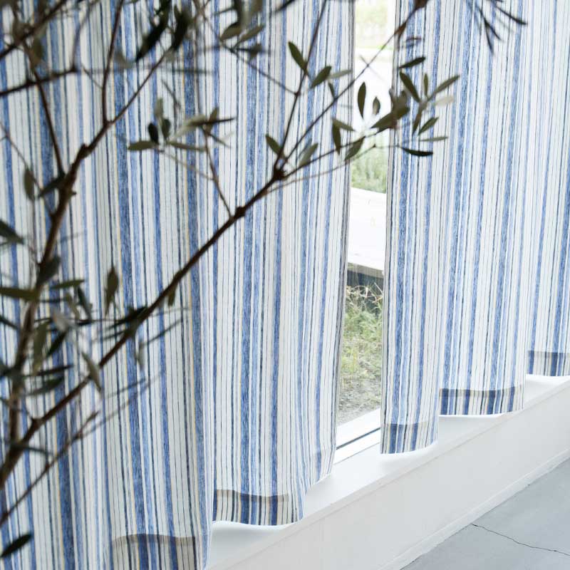 ストライプ模様のリネンカーテン 厚手 [ブルー×イエロー] リネン100