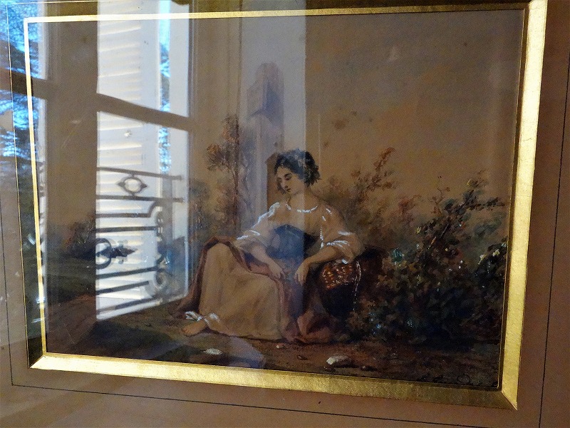 西洋アンティーク フランス 19世紀 ロマン派水彩画 金彩額 アート