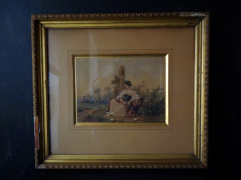 西洋アンティーク フランス 19世紀 ロマン派水彩画 金彩額 アート