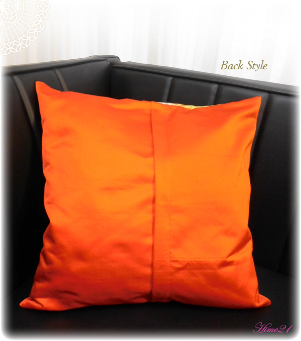 帯から作ったクッションカバー(45×45cm用) (オレンジに金花模様) 絹