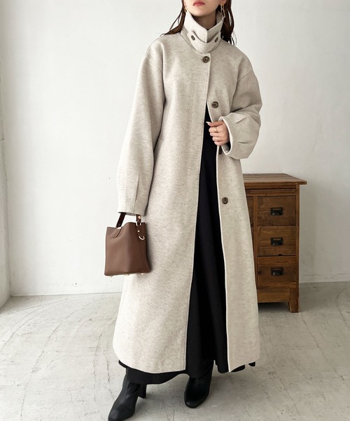 セール】2WAYアレンジカラーフェイクウールロングコート（ステンカラー