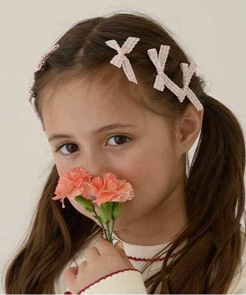 セール】チェックリボンちびヘアクリップ6Pセット（バレッタ/ヘア