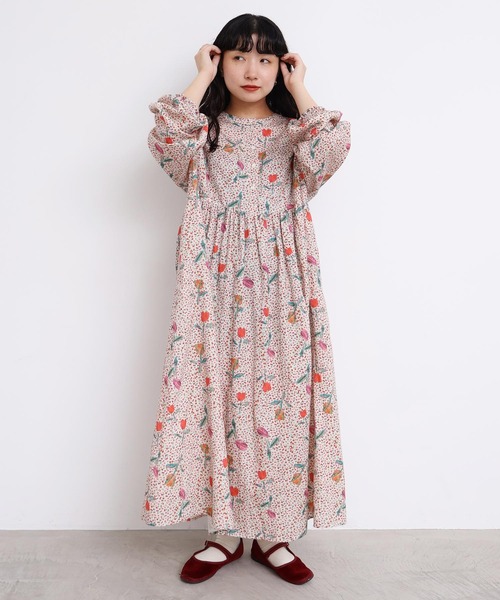 ちぎり絵のチューリッププリント ギャザーワンピース（ワンピース）｜l