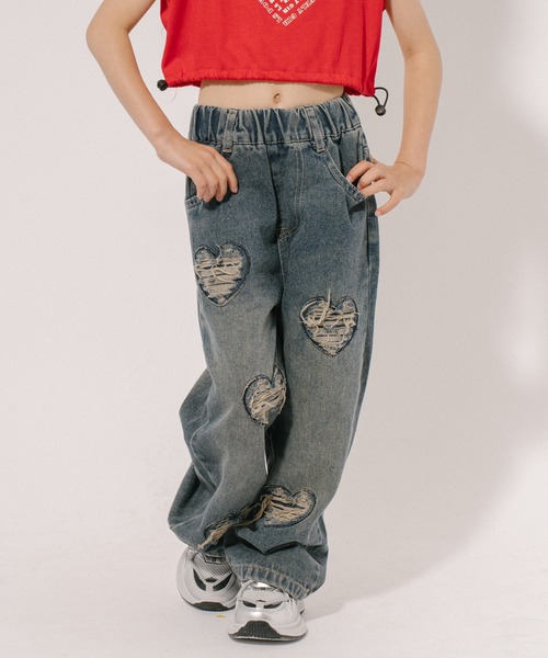 ハートダメージデザインストレートデニムパンツ（デニムパンツ