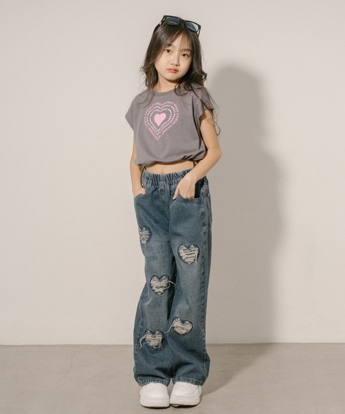 ハートダメージデザインストレートデニムパンツ（デニムパンツ