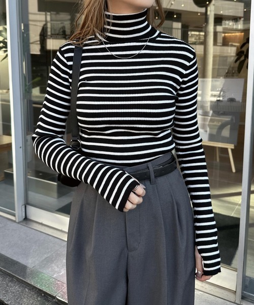 セール】無地/ボーダー長袖タートルネック指穴リブニットトップス