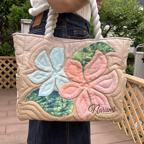 ハワイアンキルト プルメリアトートバックベージュオレンジ 受注製作