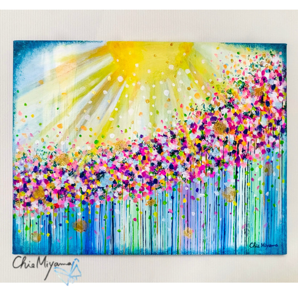 原画 抽象画 光 輝きF6 ブルー 花 カラフル 太陽 おひさま おしゃれ