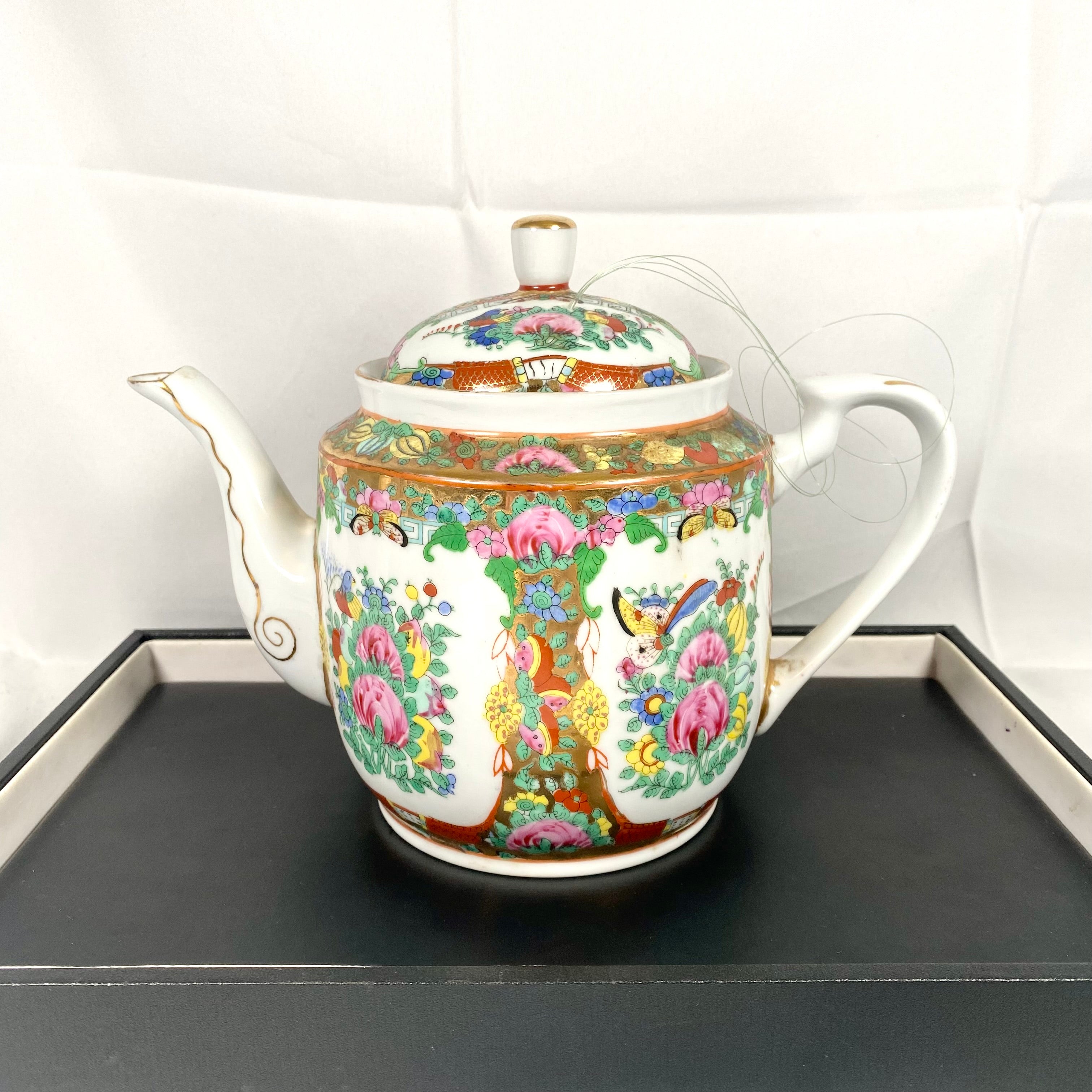 20 世纪中期中国古董茶壶，采用广式粉彩和镀金装饰| Cache Antiques