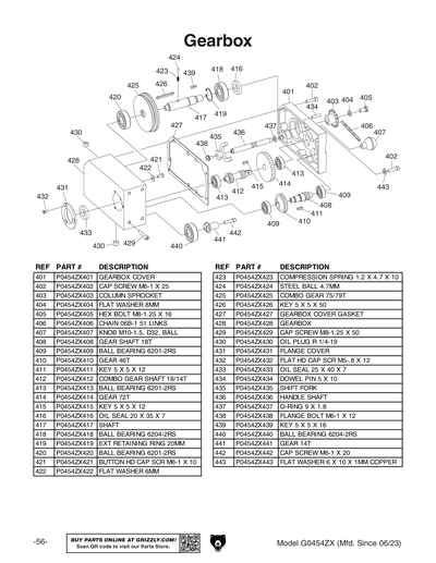 Parts for G0454ZX 20