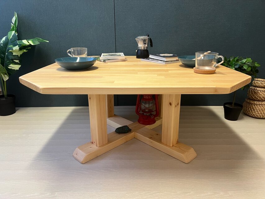 送料無料】 ローテーブル 八角形 90cm パイン ナチュラル 木組支柱脚