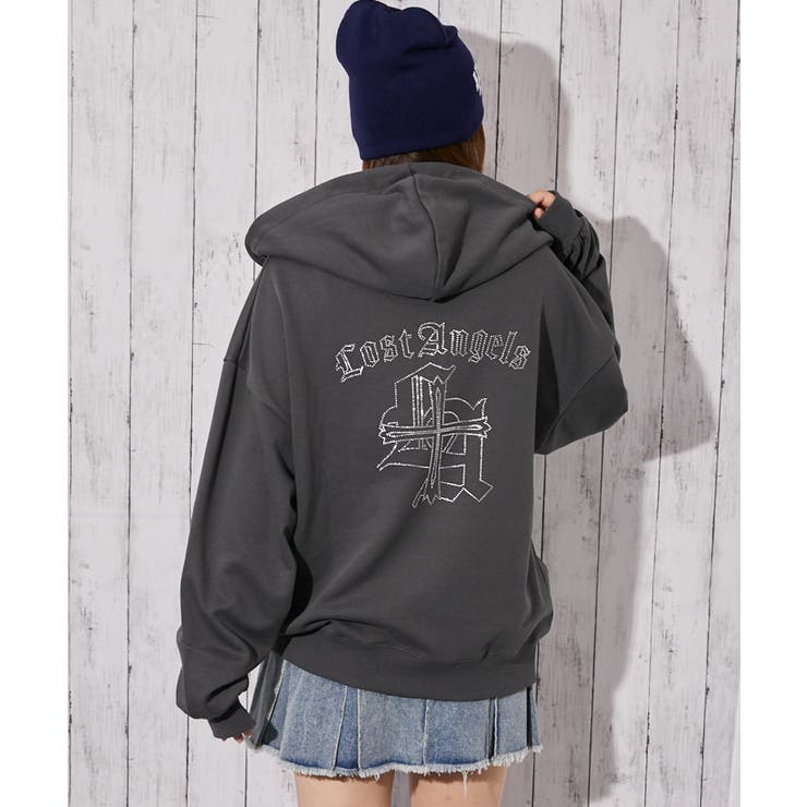 背中クロス×ロゴ×胸ワンポイントロゴ》裏毛ジップパーカー 秋冬[品番