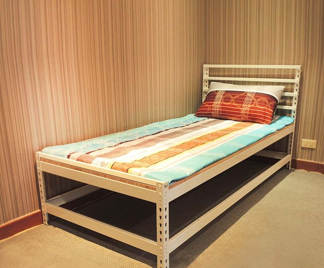 台湾 ネジ不要のアングルスチールシングルベッドフレーム-Xue ホワイト