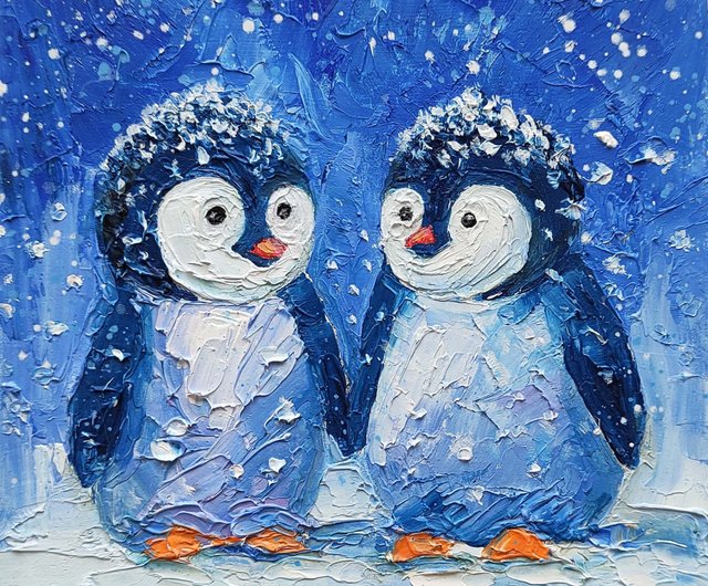 ロシア ペンギン絵画オリジナル鳥ウォールアート動物小さなアート