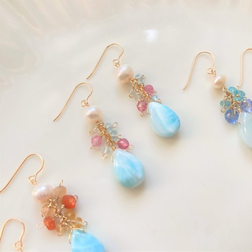 台湾 海の煌めき 14kgf ラリマー アクアマリン ピアス / イヤリング