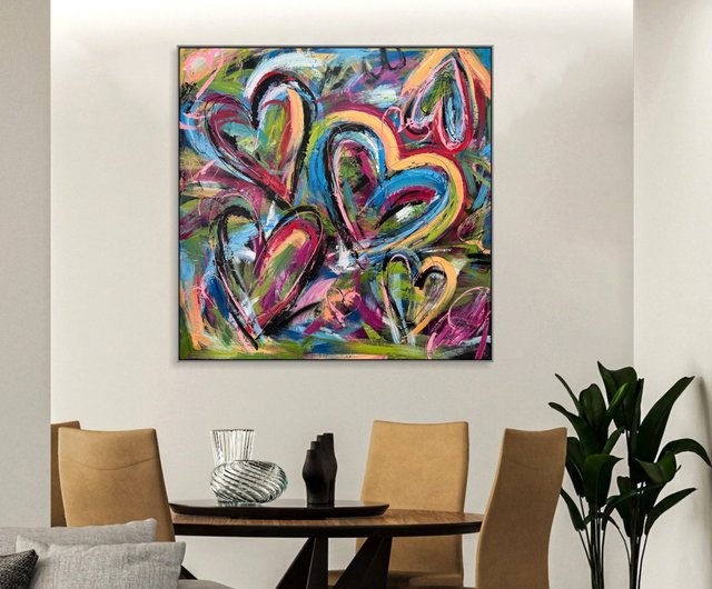 送料無料】スペイン オリジナル絵画 カラフルな抽象的なハートアート