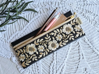 インド刺繍とレザーのペンケース (ブラック)｜本革 本皮 レザー製品