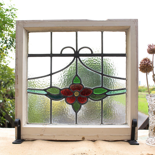 赤い花のステンドグラス イギリスアンティーク 53.5cm×53cm