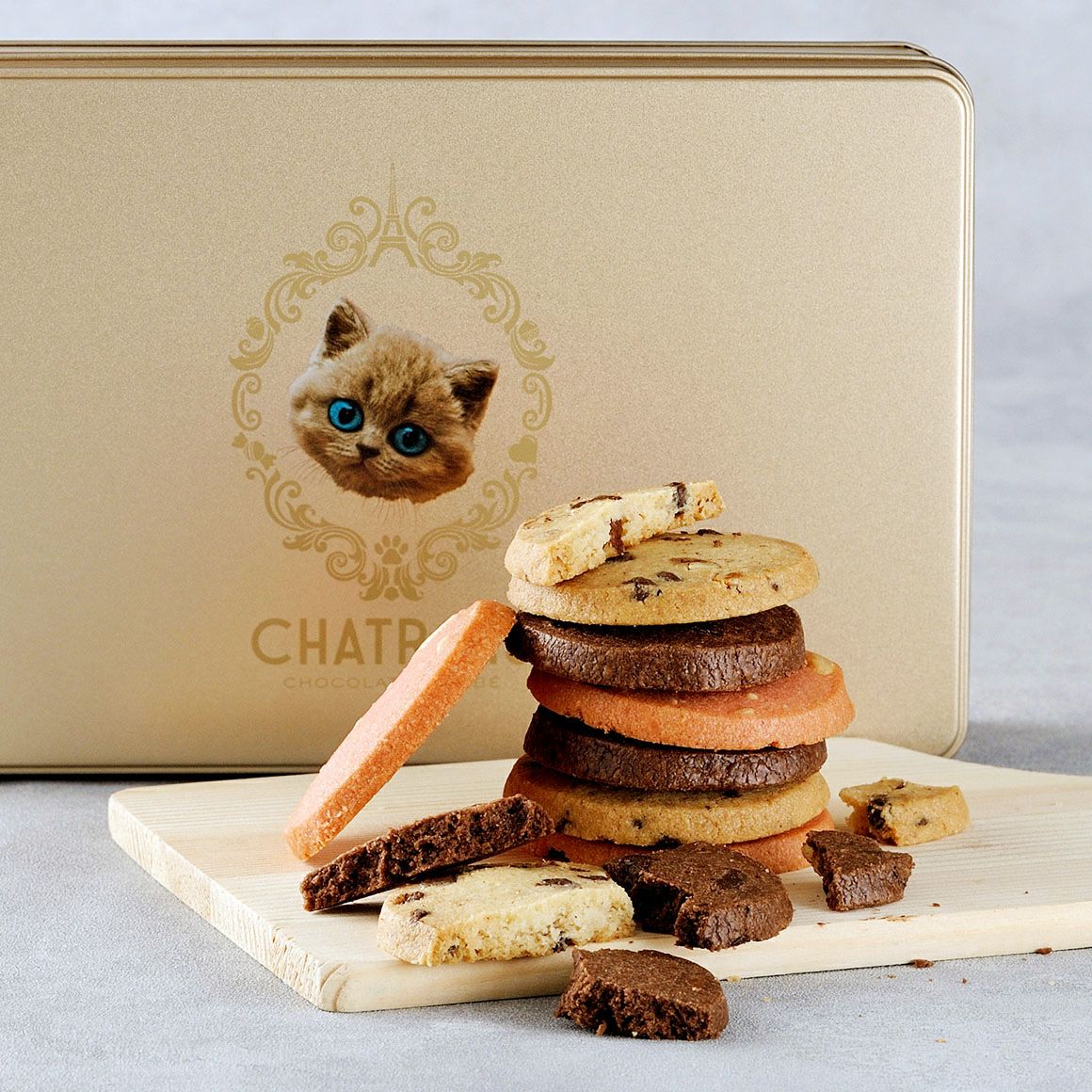 金のフェイス缶Wサブレ3種10枚入｜猫スイーツ・猫モチーフお菓子通販