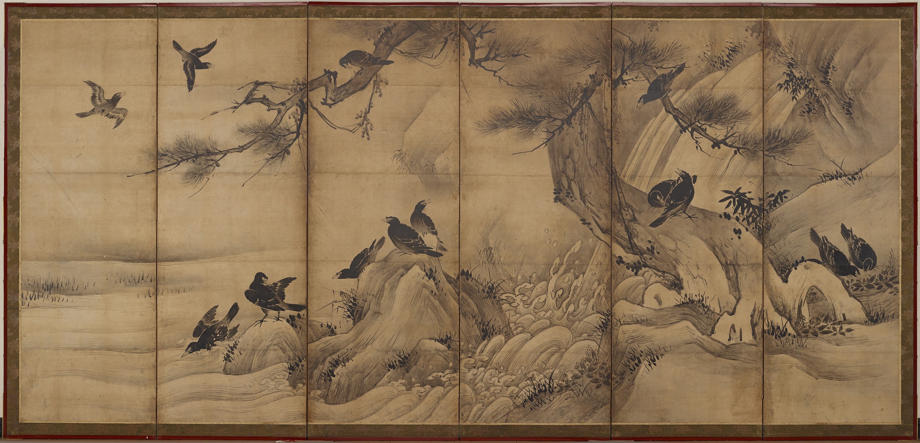 九州国立博物館 | 収蔵品データベース | 松に叭叭鳥・柳に白鷺図屏風