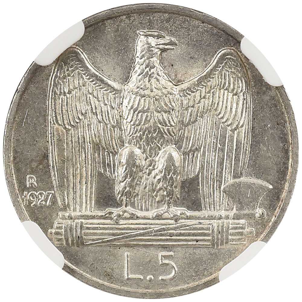 イタリア 1927R ヴィットーリオ・エマヌエーレ3世 5リラ 銀貨 NGC MS63