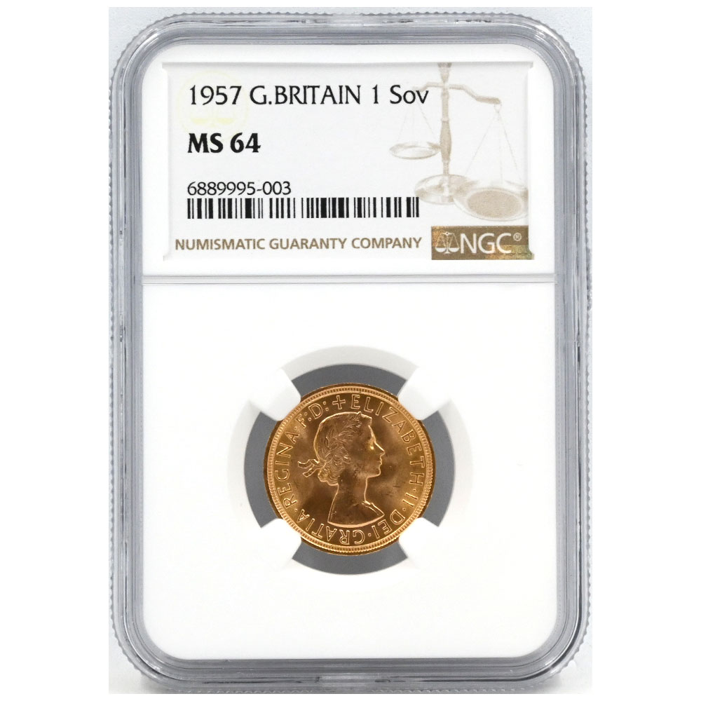 イギリス 1957 エリザベス2世 1ソブリン 金貨 NGC MS64 聖ジョージの竜