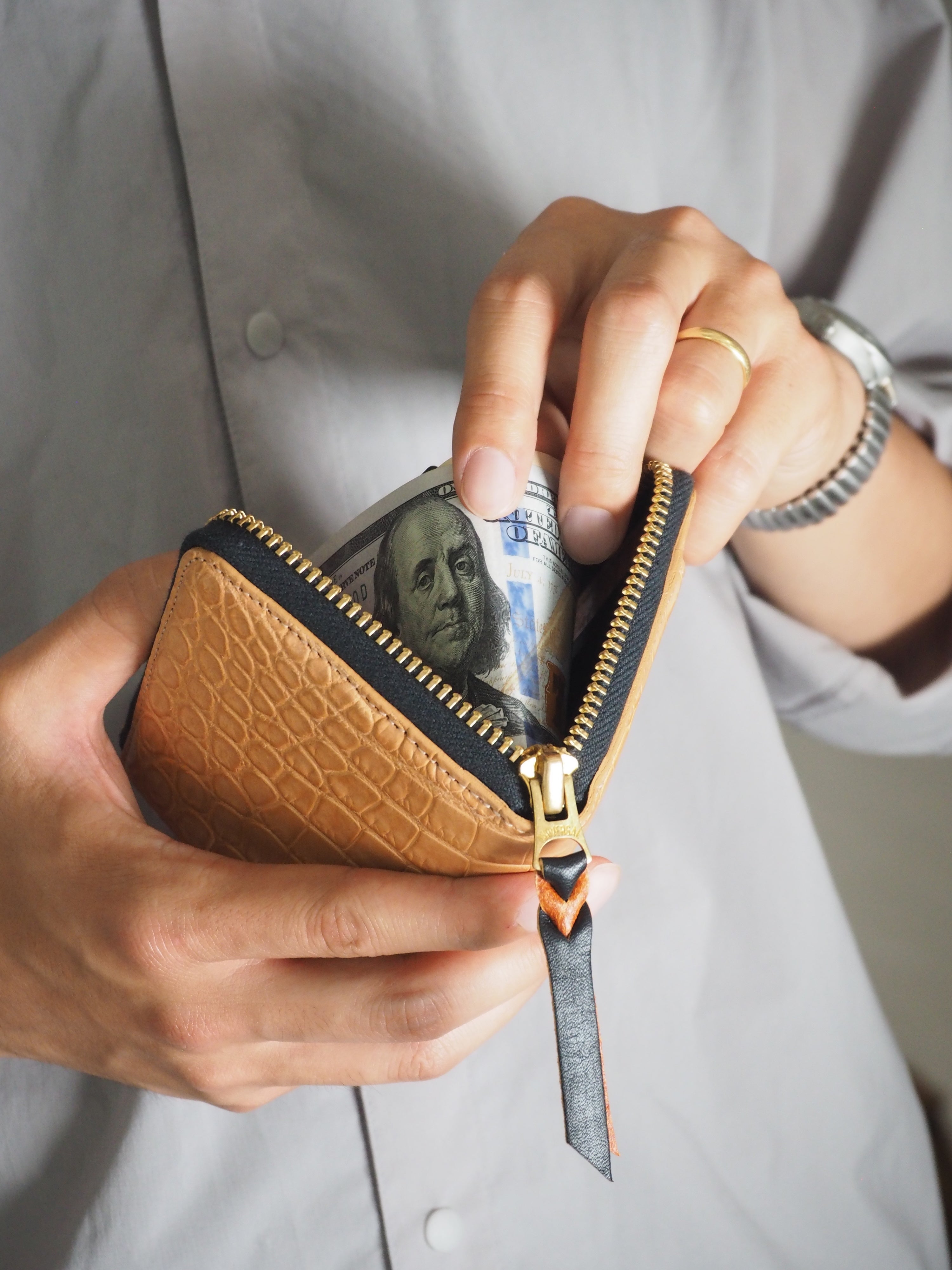 池田工芸 × Lightning「ヌメ革」クロコダイル L字ファスナーウォレット