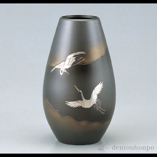 送料無料】 銅製花瓶 砲形 双鶴 8号 / 花瓶 フラワーベース 花器 仏間