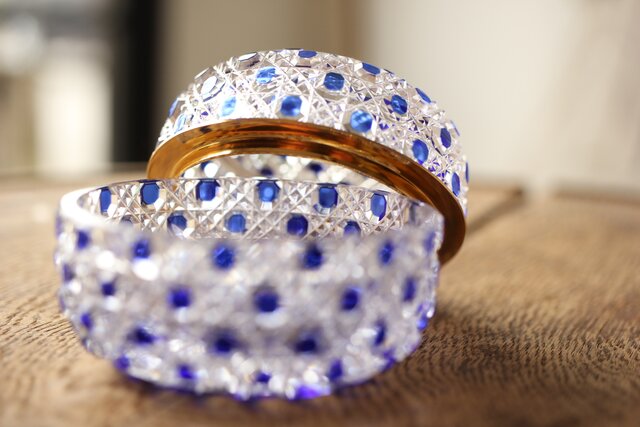 江戸切子 堀口硝子 須田秀石 瑠璃被 籠目紋 蓋物/棗 共箱 Y044｜骨董店