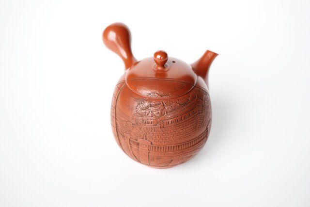 常滑 吉川雪堂作 壺堂刻 合作 朱泥細密彫急須 皇太子殿下御成婚記念