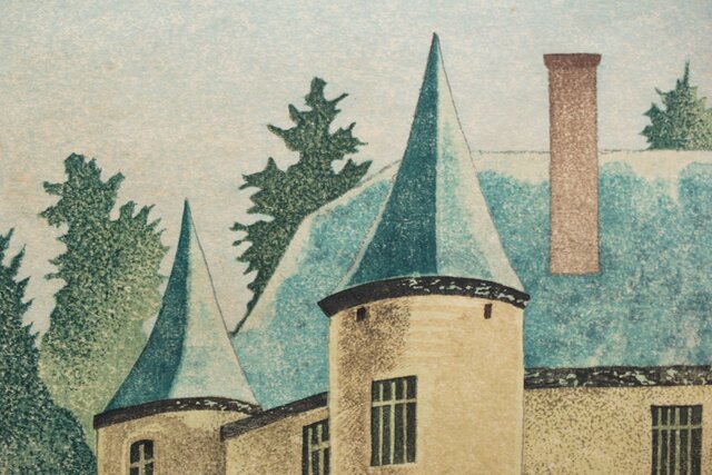 加藤版画研究所 S48年版 岡鹿之助 水辺の城 木版画 額装 Z335｜骨董店