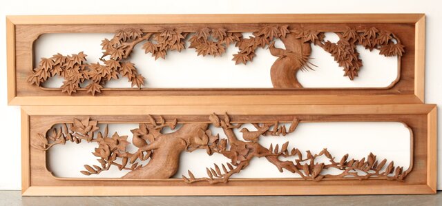 寺崎明 井波彫刻 花鳥木彫欄間 2枚1組 R0467｜骨董店 のびる 古美術