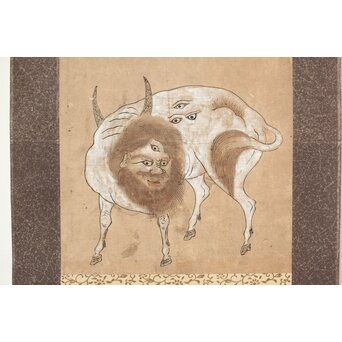 海禄 白澤避怪図 木版手彩 掛軸 Z544｜骨董店 のびる 古美術 骨董 和風