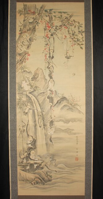 狩野探幽意 石舟筆 群猿図 紙本掛軸 Z939｜骨董店 のびる 古美術 骨董
