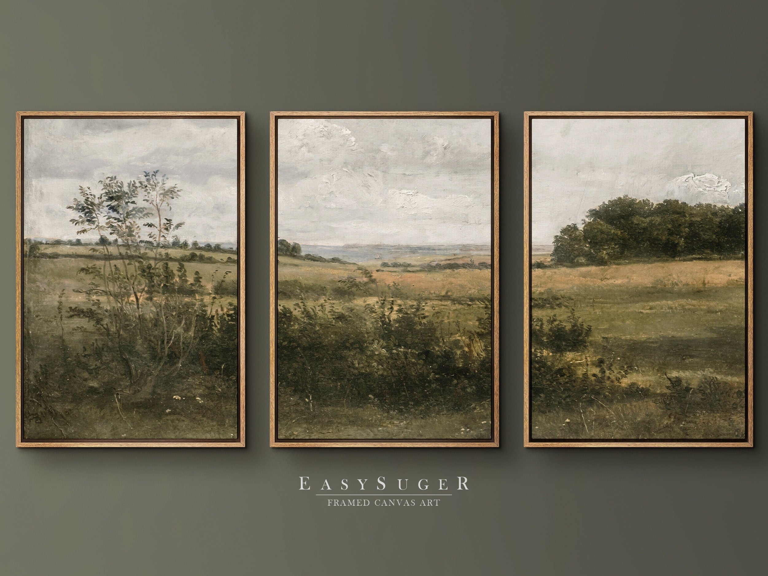 3 Panels Wildflowers field Landscape Wall Art, Vintage Nature
