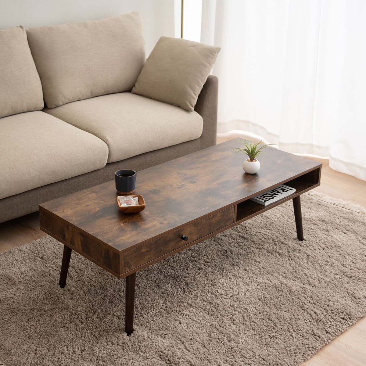 しまうテーブル 引き出し付き ローテーブル 木製家具 木目調