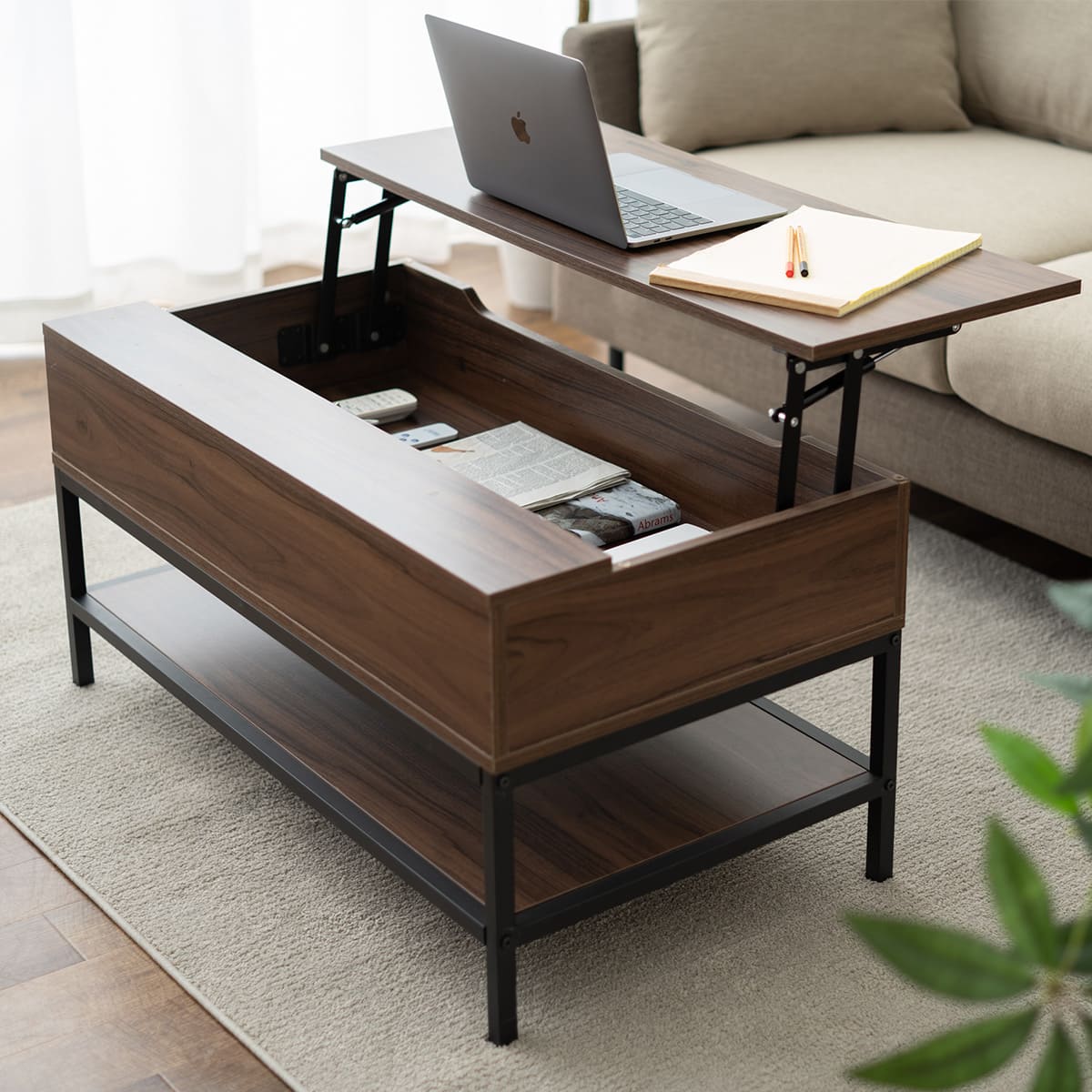 リフトアップテーブル 昇降式デスク 木製 幅90cm 収納機能付き｜寝具