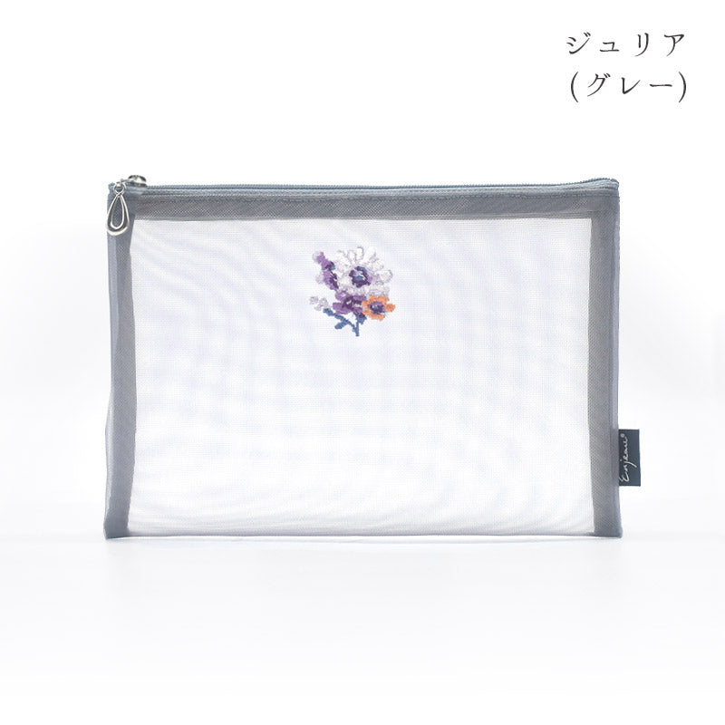 日本製 花刺繍 メッシュポーチ フラットポーチ A6 B6 ネイビー Enjeau