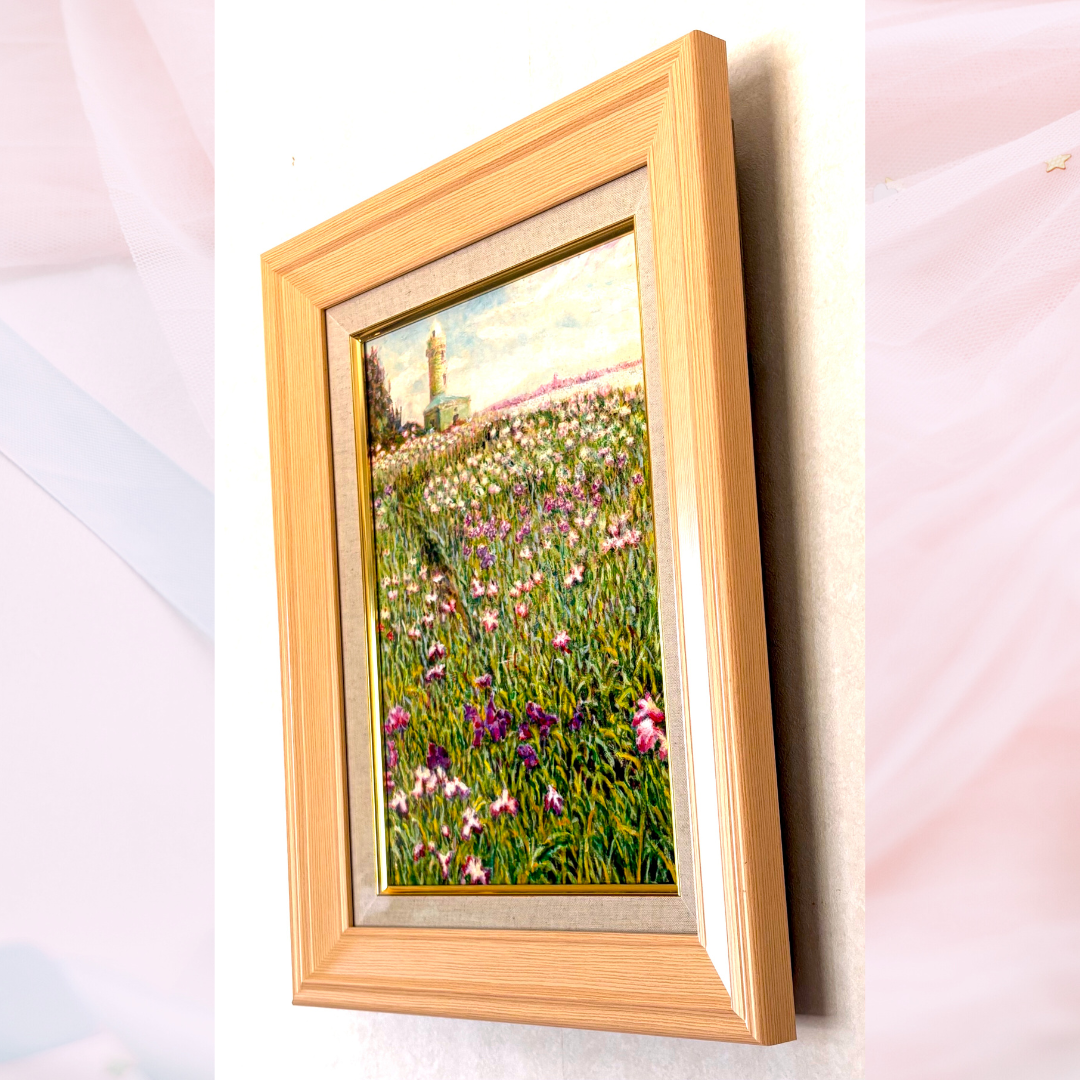 風景画「灯台と花菖蒲」油彩画 F4 額付き by 福家佳則 / Fukei-ART